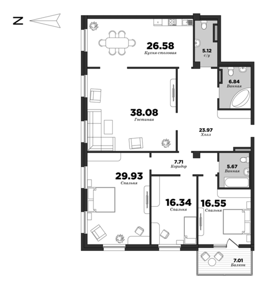 NEVA HAUS, 4 bedrooms, 180.1 m² | planning of elite apartments in St. Petersburg | М16